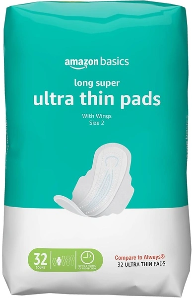 Amazon Basics Menstrual Pads for Women, Long Length, Size 2, 32 Count
