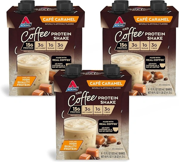 Atkins Cafe Caramel Iced Coffee Protein Shake, Low Sugar, 12 Count