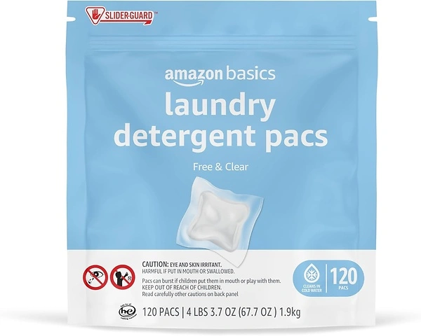 Amazon Basics Laundry Detergent Pacs, Hypoallergenic, Free & Clear, 120 Count