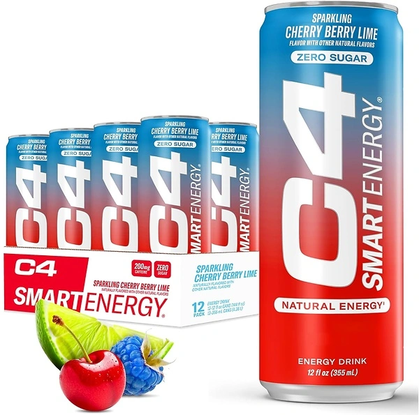Cellucor C4 Smart Energy Drink - Cherry Berry Lime, 200mg Caffeine, 12 Pack