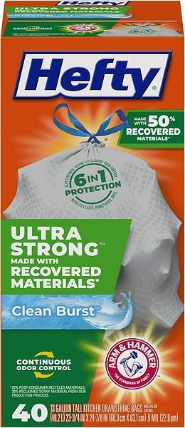 Hefty Ultra Strong Tall Kitchen Trash Bags, Gray, Clean Burst, 13 Gallon, 40 Count