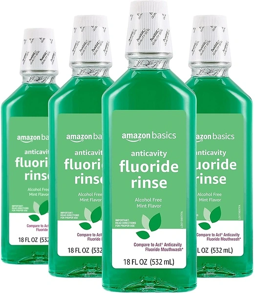 Amazon Basics Anticavity Fluoride Rinse, Alcohol-Free, Mint, 18 ounce (Pack of 4)
