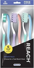 Reach Essentials Toothbrush, Multi-Angled Medium Bristles, Contoured Handle, 6 Count