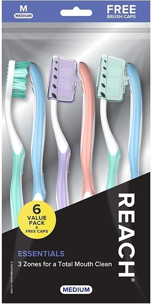 Reach Essentials Toothbrush, Multi-Angled Medium Bristles, Contoured Handle, 6 Count