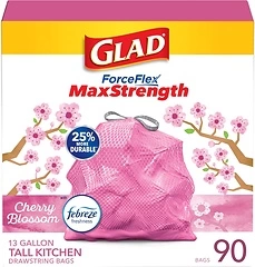 Glad ForceFlex MaxStrength Tall Kitchen Trash Bags, 13 Gal, Cherry Blossom, 90 Ct, Pack May Vary