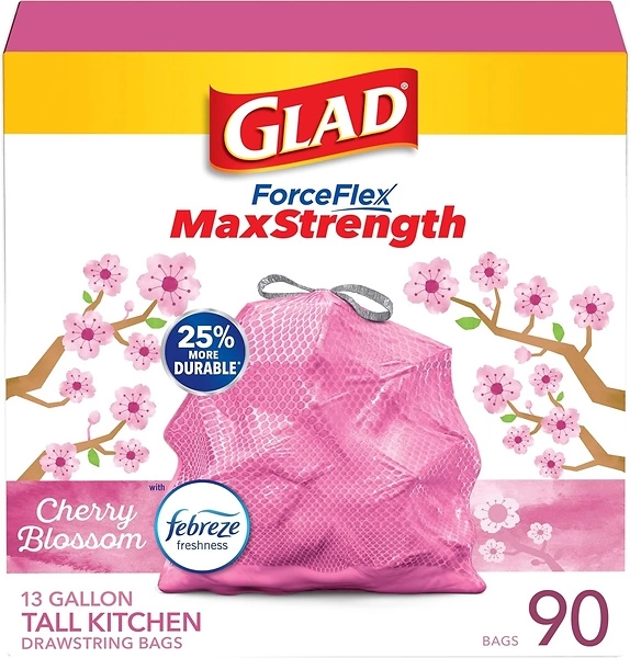 Glad ForceFlex MaxStrength Tall Kitchen Trash Bags, 13 Gal, Cherry Blossom, 90 Ct, Pack May Vary