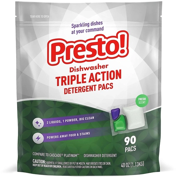 Amazon Brand - Presto! Triple Action Dishwasher Pacs, Fresh Scent, 90 Count