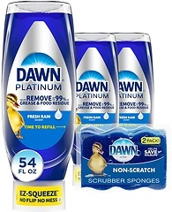 Dawn Dish Soap Squeeze Bottle, Fresh Rain, 3 Bottles (18 oz each) + 2 Sponges