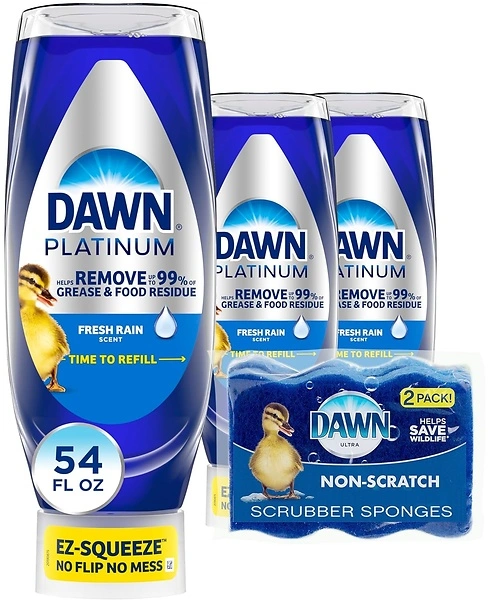 Dawn Dish Soap Squeeze Bottle, Fresh Rain, 3 Bottles (18 oz each) + 2 Sponges