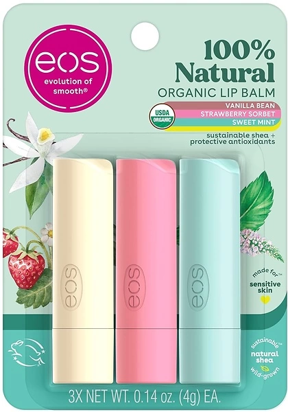 eos Organic Lip Balm Trio, Vanilla Bean, Sweet Mint, & Strawberry Sorbet, 3-Pack