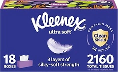 Kleenex Ultra Soft Facial Tissues, 18 Flat Boxes, 120 Tissues per Box, 3-Ply