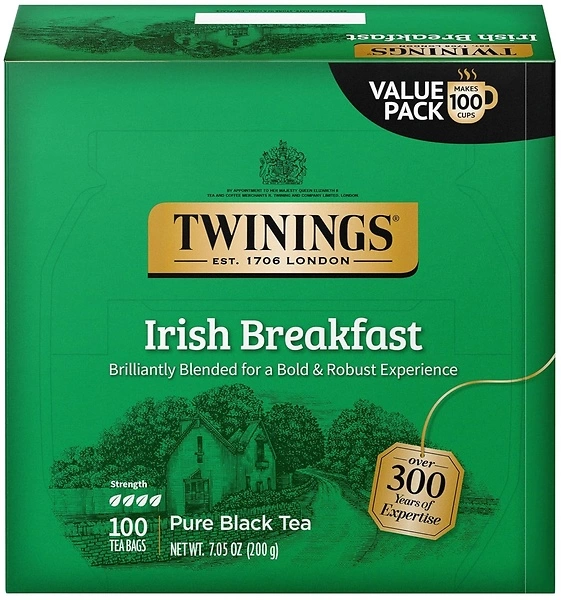 Twinings Irish Breakfast Black Tea, 100 Individually Wrapped Tea Bags, Flavourful, Bold, Robust Caffeinated Black Tea, Enjoy Hot or Iced