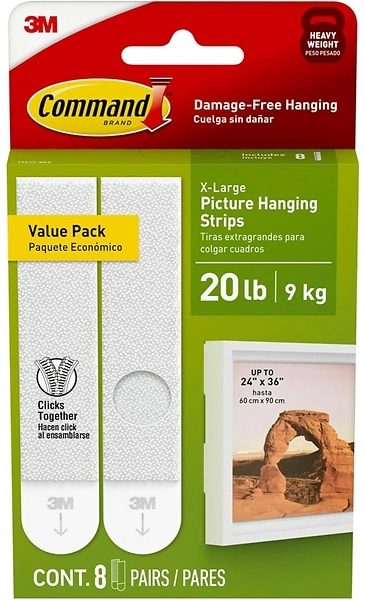 Command 20 Lb XL Heavyweight Picture Hanging Strips, 8 White Adhesive Pairs