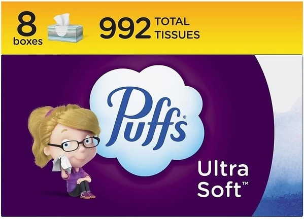 Puffs Ultra Soft Non-Lotion Facial Tissue, 8 Family Boxes, 124 Facial Tissues per Box
