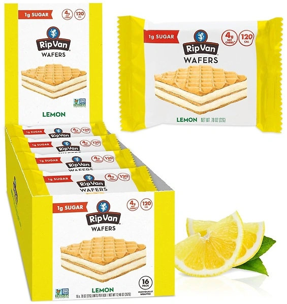 Rip Van Wafels Lemon Cookies, 16 Count, 1g Sugar, 4g Carbs, Vegan, Keto Friendly