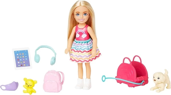 Barbie Chelsea Doll & 6 Accessories, Travel Set with Puppy, Pet Carrier & Backpack that Opens & Closes, Blonde Small Doll