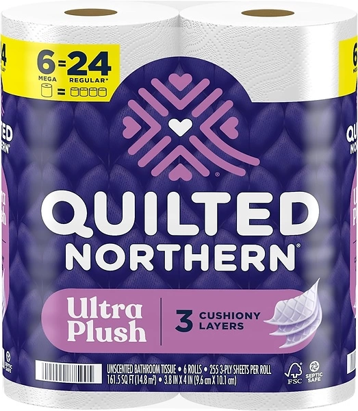 Quilted Northern Ultra Plush Toilet Paper, 6 Mega Rolls 24 Regular Rolls, 3X Thicker*, 3 Ply Soft Toilet Tissue