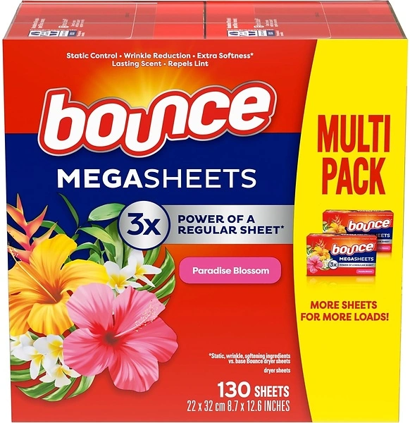 Bounce Mega Dryer Sheets, Paradise Blossom, 130 Count