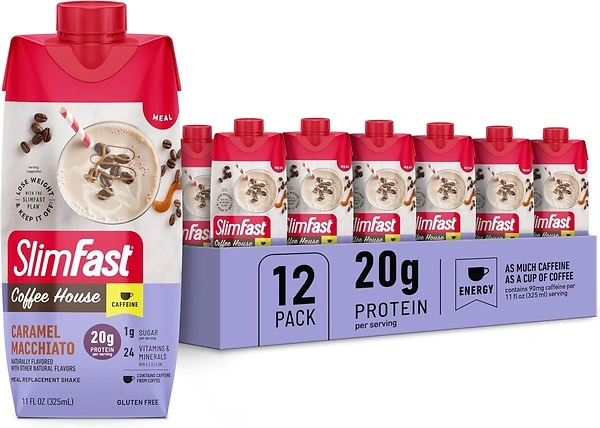 SlimFast Protein Shake with Caffeine, Caramel Macchiato, 20g Protein, 12 Count