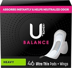 U by Kotex Balance Ultra Thin Pads with Wings, Heavy Absorbency, 46 Count