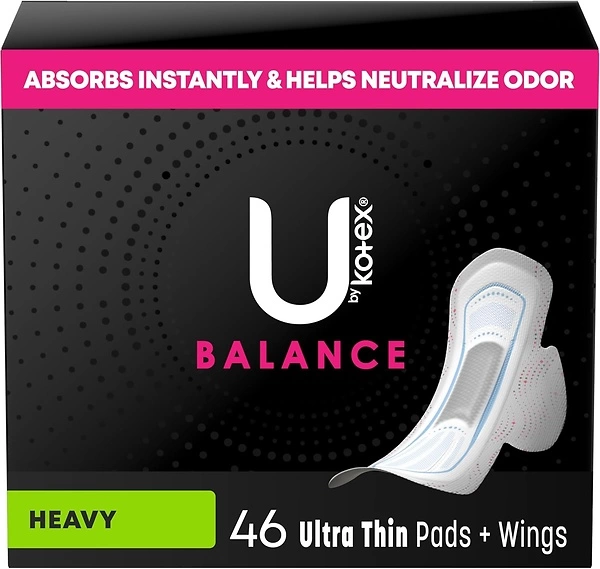 U by Kotex Balance Ultra Thin Pads with Wings, Heavy Absorbency, 46 Count