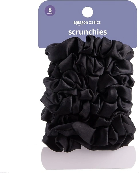 Amazon Basics Satin Scrunchies Black Hair Ties, Pack of 8