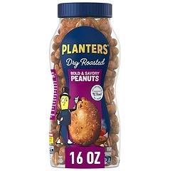 Planters Dry Roasted Bold & Savory Peanuts, Party Snacks, Plant-Based Protein, 16 Oz Jar