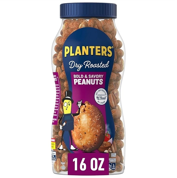 Planters Dry Roasted Bold & Savory Peanuts, Party Snacks, Plant-Based Protein, 16 Oz Jar