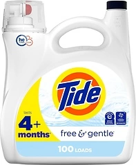 Tide Free & Gentle Liquid Laundry Detergent, 100 Loads, 132 fl oz, Hypoallergenic