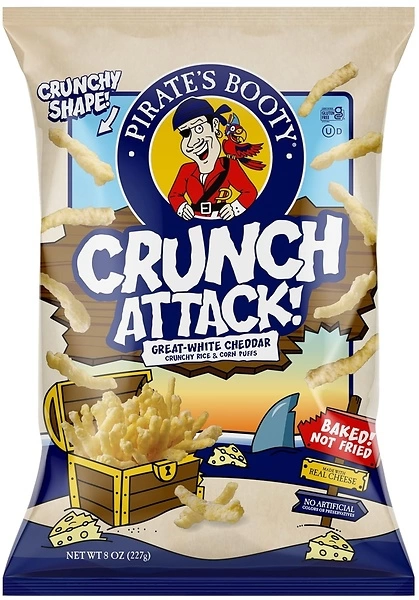 Pirate's Booty Crunch Attack, White Cheddar Cheese Puffs, Gluten Free, Crunchy Snack for Kids, Easter Snacks, 8oz Grocery Size Bag
