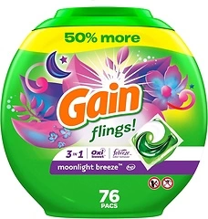 Gain flings Laundry Detergent Soap Pacs, HE Compatible, Long Lasting Scent, Moonlight Breeze Scent, 76 Count