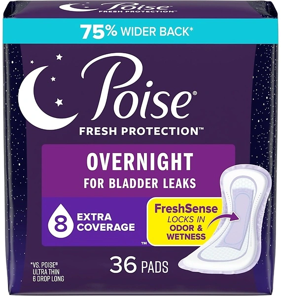 Poise Incontinence Pads & Postpartum Overnight, 8 Drop Extra Coverage, 36 Count