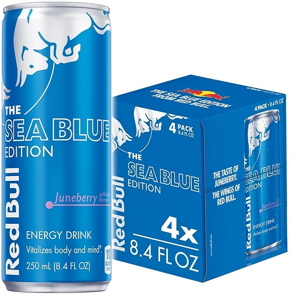 Red Bull Sea Blue Edition Energy Drink, Juneberry, 80mg Caffeine, 4 Cans
