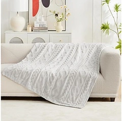 Cozy Bliss Faux Fur Throw Blanket, Jacquard Plush Soft Thick, 50"x60", Beige