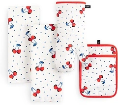 Kate Spade New York Cherry Dot Kitchen Towel, Oven Mitt & Pot Holder Set, 4-Pack