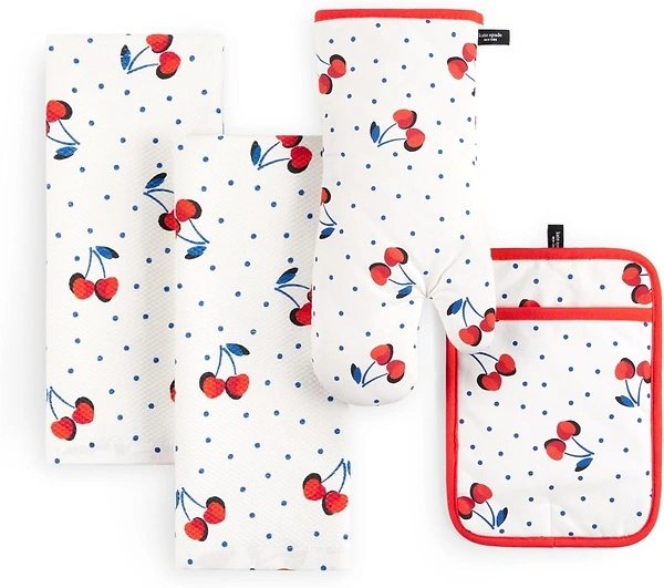 Kate Spade New York Cherry Dot Kitchen Towel, Oven Mitt & Pot Holder Set, 4-Pack