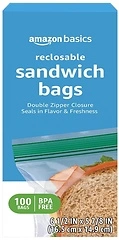 Amazon Basics Reclosable Sandwich Double Zipper Storage Bags, 100 Count