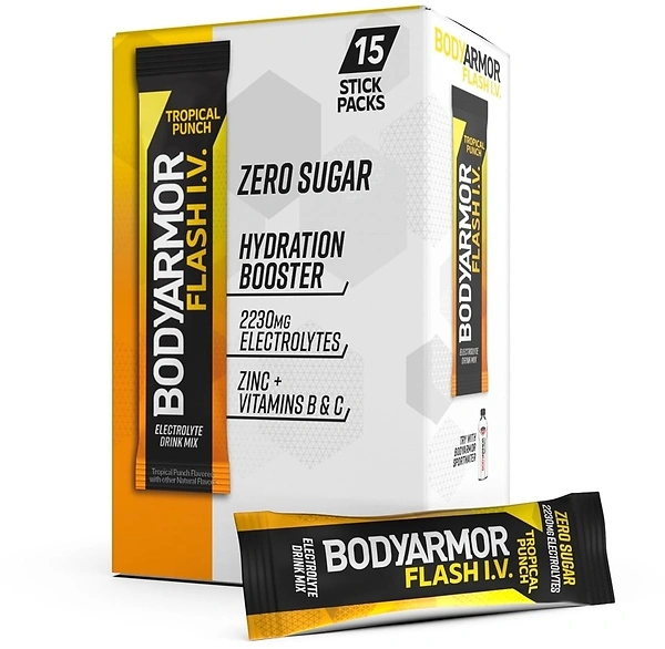 BODYARMOR Flash IV Electrolyte Packets, Tropical Punch, Zero Sugar, 15 Count