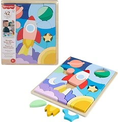 Fisher-Price Wood Preschool Toy Space Blocks Jigsaw Puzzle, 42 Wooden Pieces