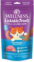 Wellness Lickable Treats Soft Puree Grain Free Cat Treats, Tuna Recipe, 6 Tubes