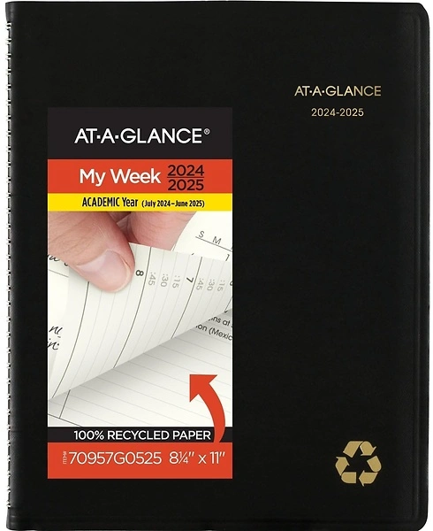 AT-A-GLANCE 2024-2025 Academic Planner, Large, Black Cover, Recycled, 8-1/4" x 11"