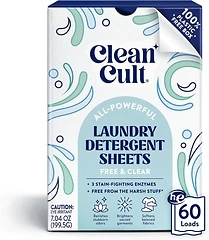 Cleancult Laundry Detergent Sheets, Fragrance Free, 60 Loads, Resealable Box
