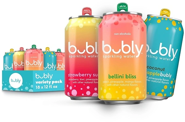 bubly Sparkling Water, 3 Flavor Variety Pack (Bellini, Strawberry, Coconut), 18 Cans