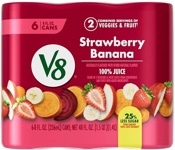 V8 Strawberry Banana 100 Fruit and Vegetable Juice, 8 fl oz Can (6 Pack)