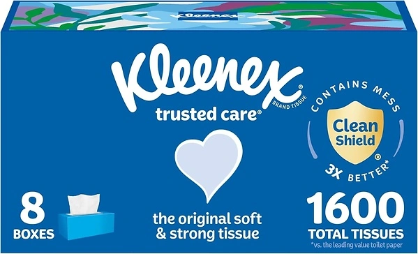 Kleenex Trusted Care Facial Tissues, 8 Flat Boxes, 200 Tissues per Box, 2-Ply