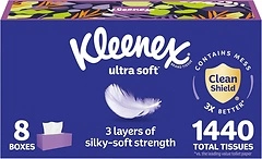 Kleenex Ultra Soft Facial Tissues, 8 Boxes, 180 Tissues per Box, 3-Ply
