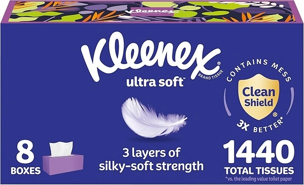 Kleenex Ultra Soft Facial Tissues, 8 Boxes, 180 Tissues per Box, 3-Ply