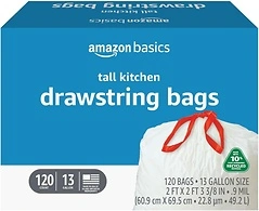 Amazon Basics 13 Gallon Tall Kitchen Drawstring Trash Bags, 120 Count, White