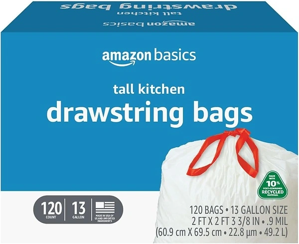 Amazon Basics 13 Gallon Tall Kitchen Drawstring Trash Bags, 120 Count, White
