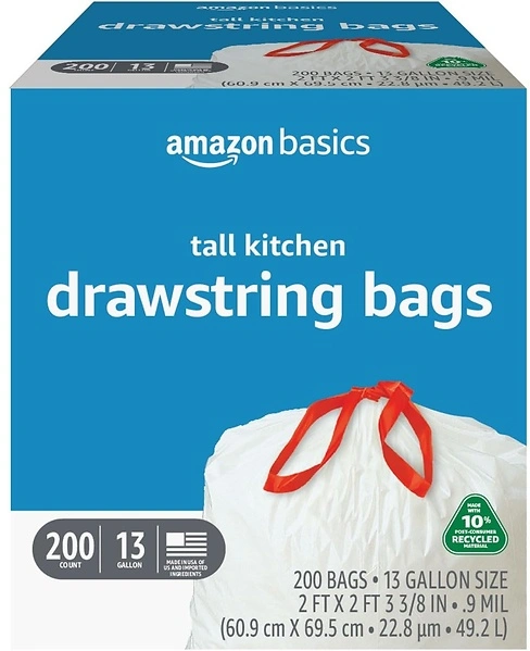 Amazon Basics 13 Gallon Tall Kitchen Drawstring Trash Bags, 200 Count
